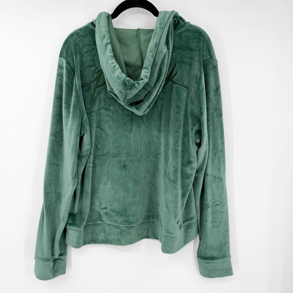 PINK Victoria's Secret Velour Full Zip Hoodie‎ Green Logo L Y2K 2000s Aesthetic - Picture 2 of 8
